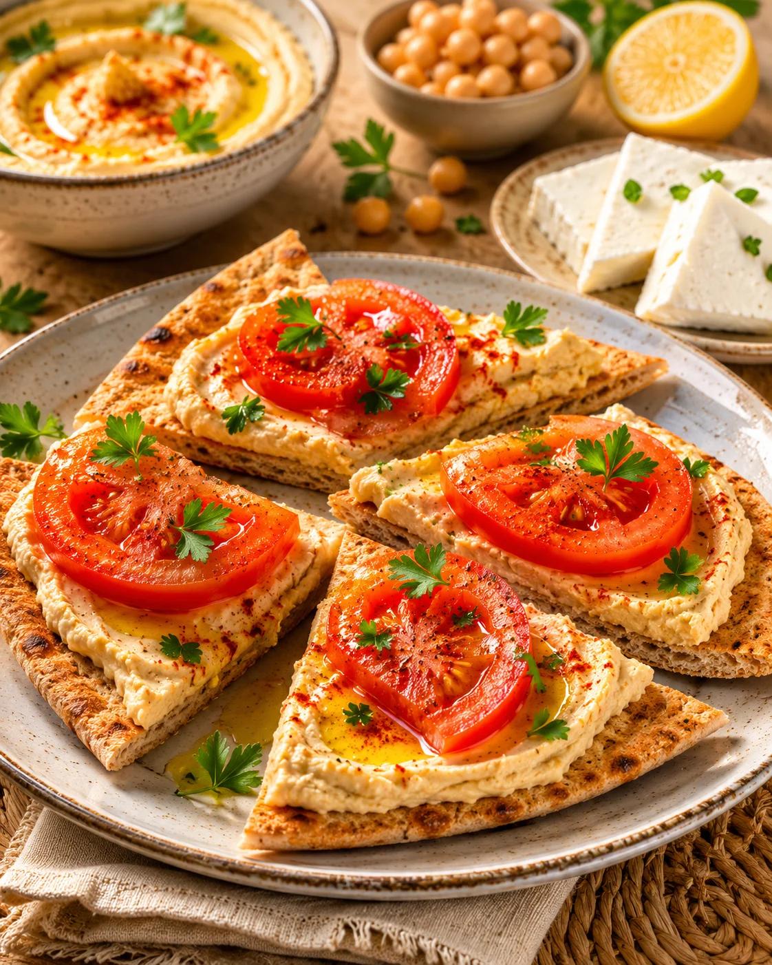 pan arabe hummus y tomate